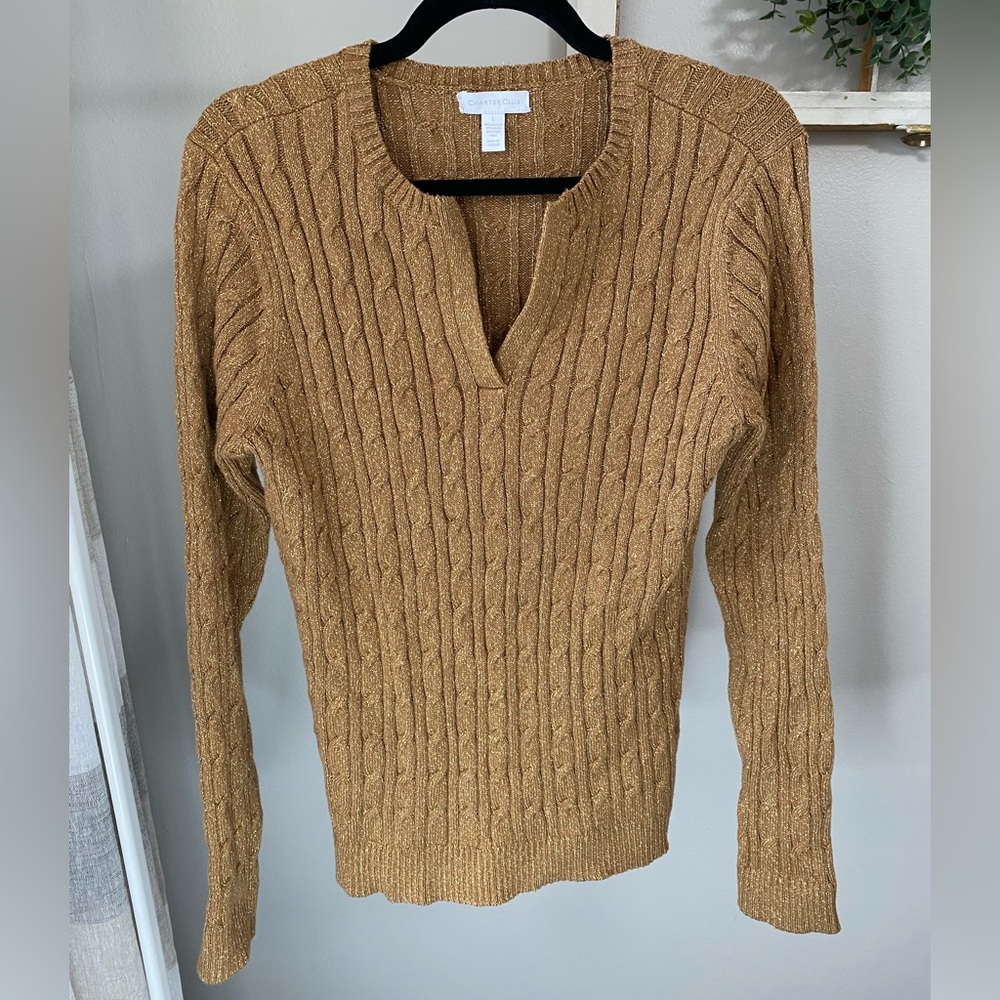 Charter Club V-Neck Cable Knit Sweater brown with gold size large
